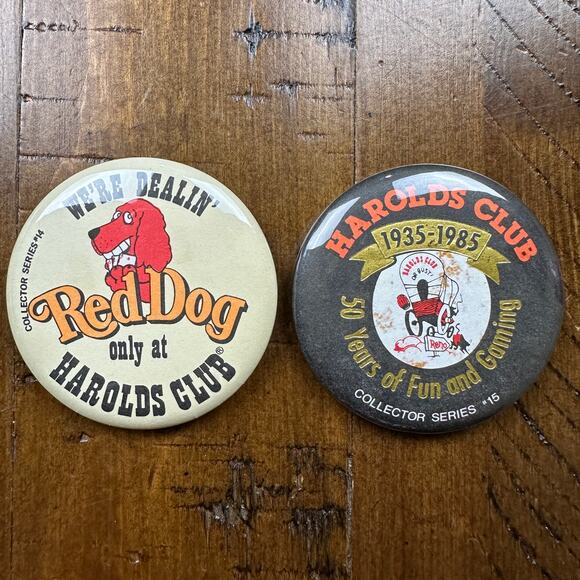 Vintage 1980's "Red Dog" Las Vegas Harold's Club Hotel Casino Pinback lot of 2 - Picture 1 of 2